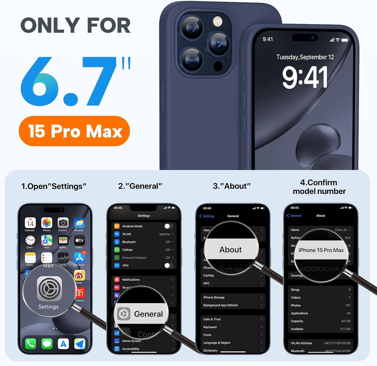 Miracase Funda diseñada para iPhone 15 Pro Max, compatible con MagSafe, con 2 protectores de pantalla, funda de silicona líquida a prueba de golpes