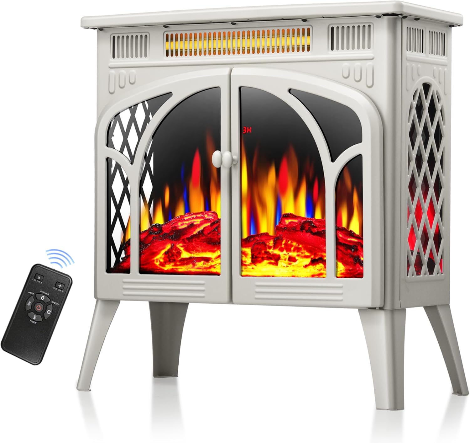 Kismile Estufa eléctrica infrarroja 3D, calentador de chimenea independiente con efectos de llama realistas, calentador de espacio portátil para