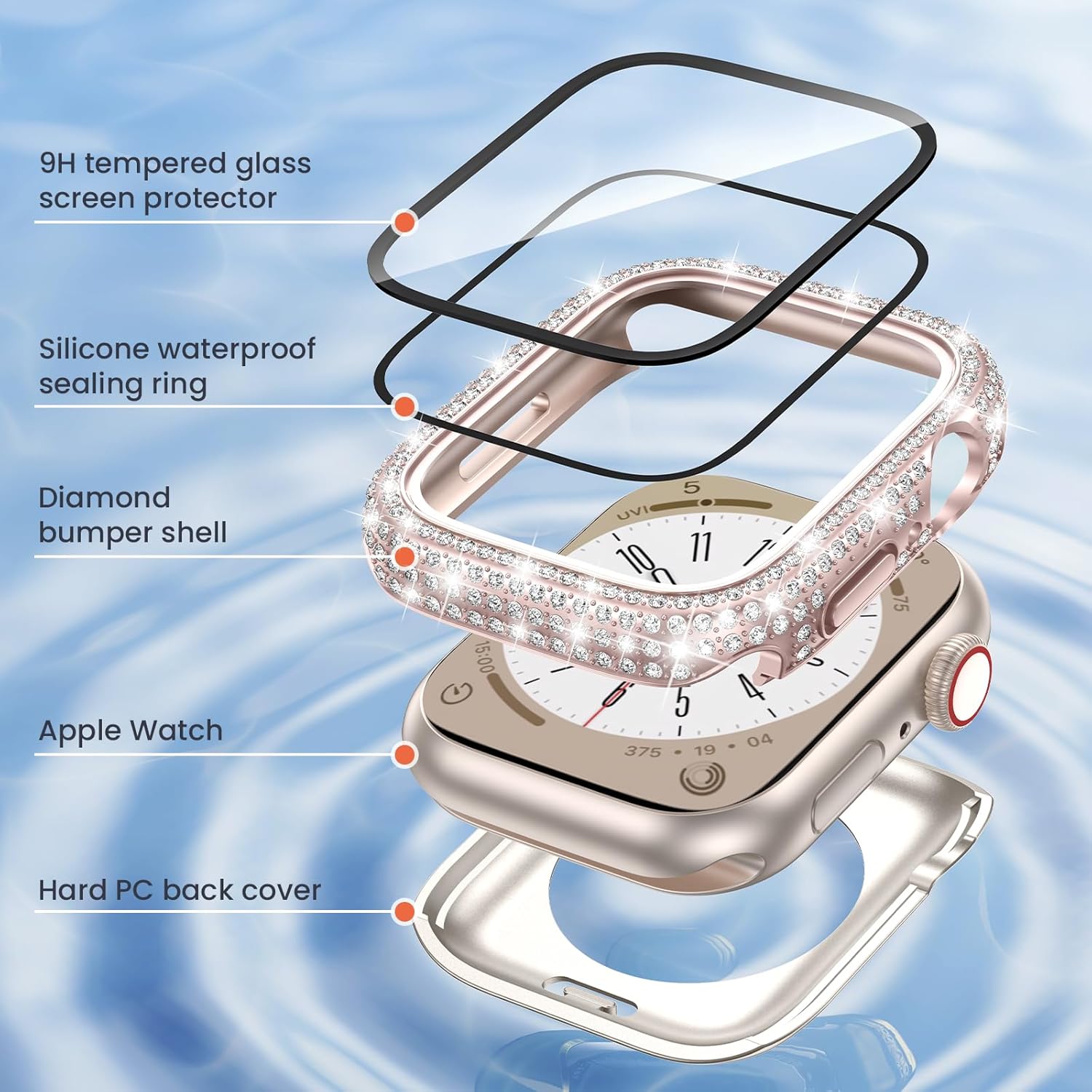 LETOID Funda protectora de pantalla impermeable brillante de 1.575 pulgadas para Apple Watch Series SE 6, 5, 4, 2 en 1, cubierta frontal y trasera,