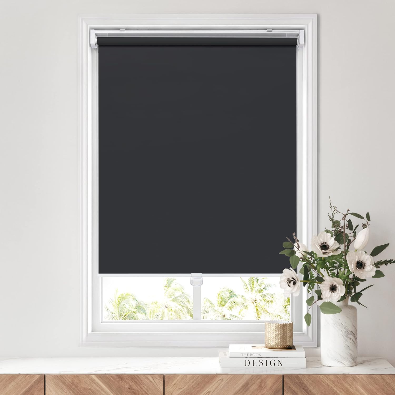 LazBlinds Persianas enrollables sin cordones, sin herramientas, sin taladro, 100 % opacas, tela impermeable, con aislamiento térmico, protección UV,