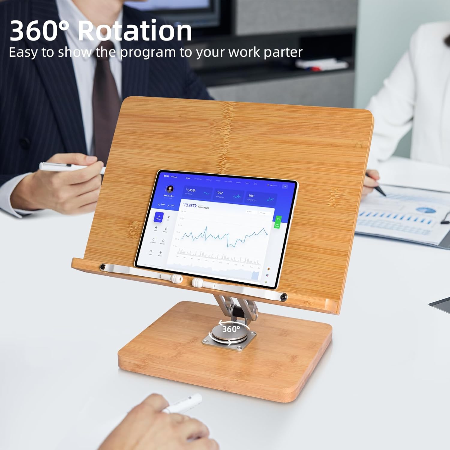 Crocqett – Soporte de libro para lectura, ajustable giratorio de 360 grados, con clips de página, soporte grande para libros de cocina, música,