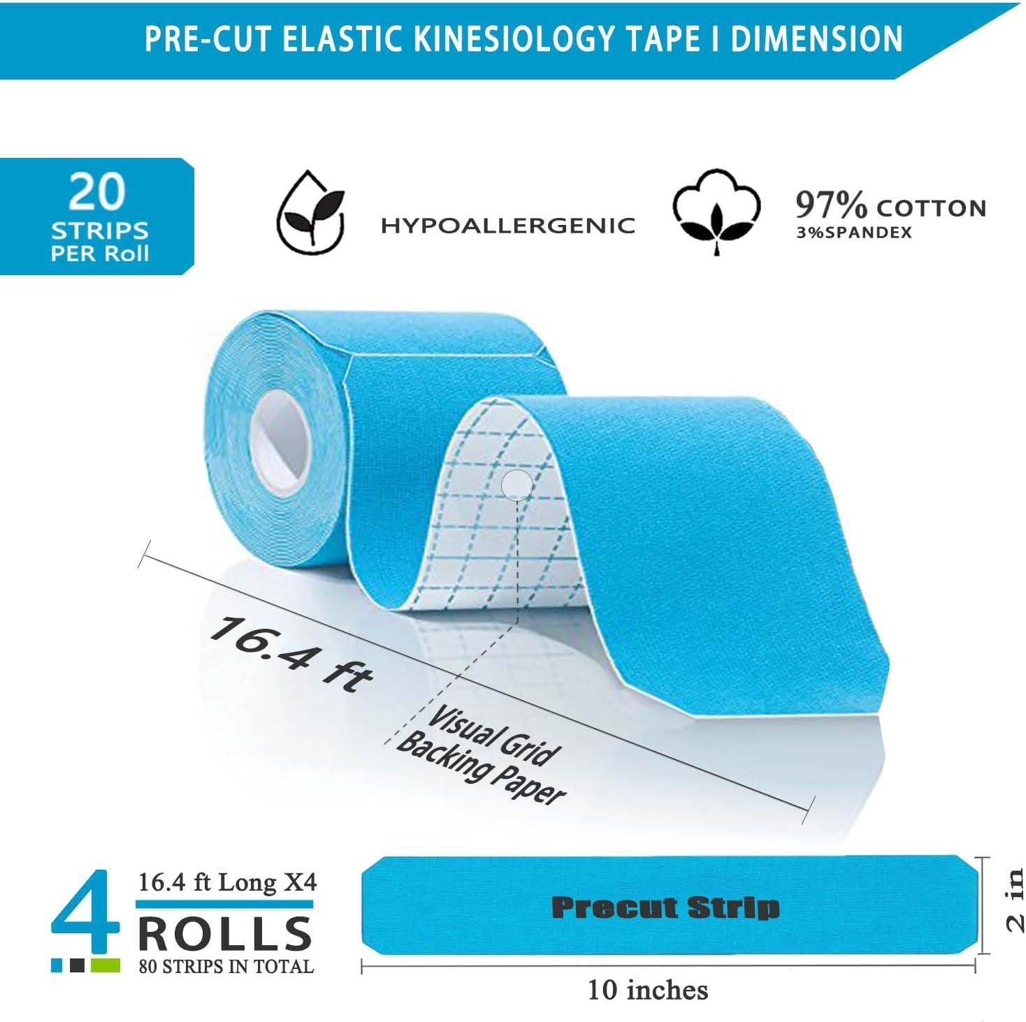 Kinesiology – Cinta precortada Pro-4 unidades  Cinta atlética elástica impermeable, 66 pies 80 tiras, cinta adhesiva de algodón de grado médico para