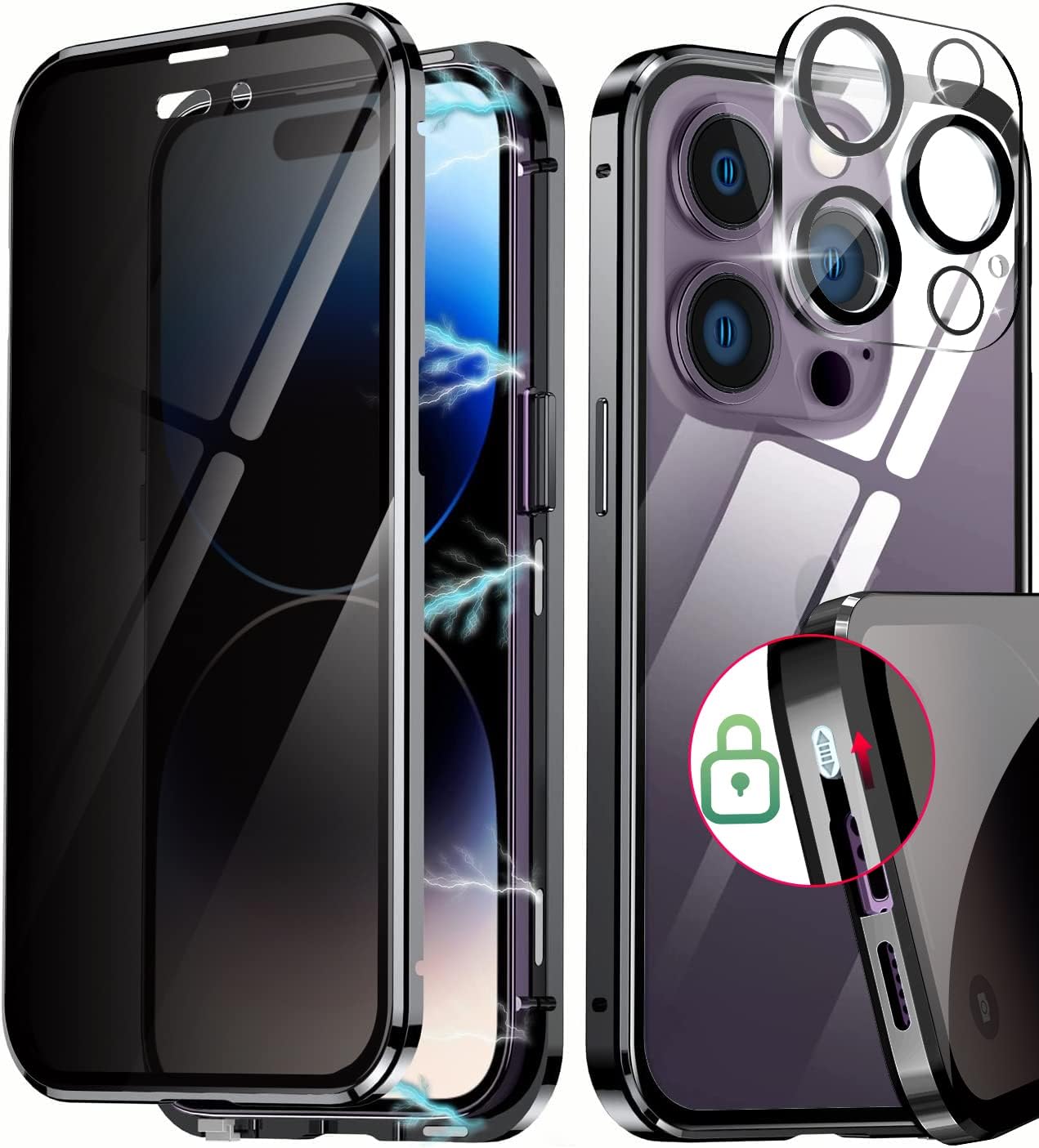 Reukdnv Funda magnética para iPhone 12 Pro, 100 % sensibilidad de pantalla, protector de pantalla antiespías, doble cara de vidrio 9H, para iPhone