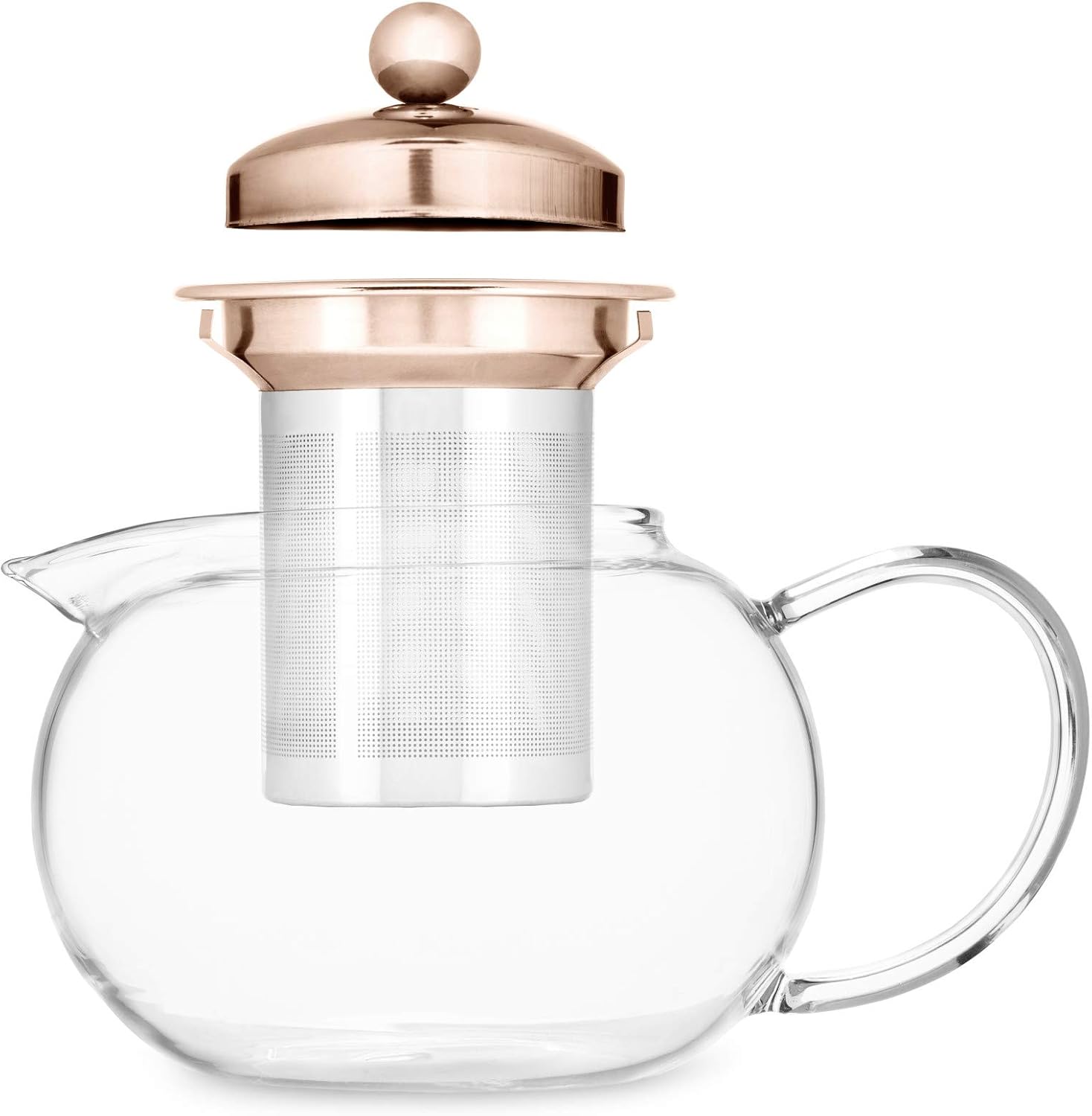 Pinky Up Candace – Tetera de vidrio con tapa de oro rosa, olla de té con infusor extraíble de acero inoxidable y tetera para té suelto, 28 onzas
