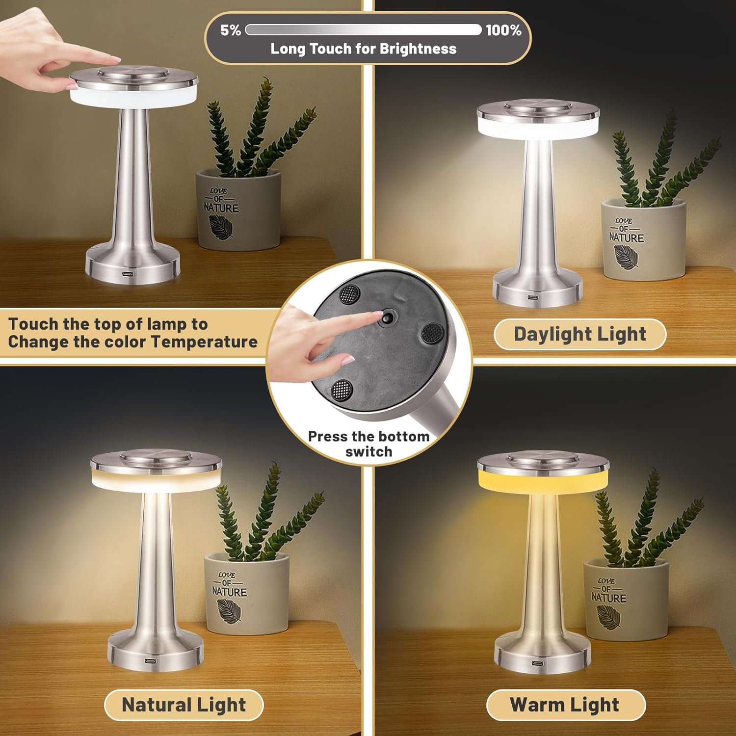 Lámpara de escritorio recargable con batería con sensor táctil (2600 mAh), lámpara de mesa LED portátil inalámbrica, regulable de tres niveles,