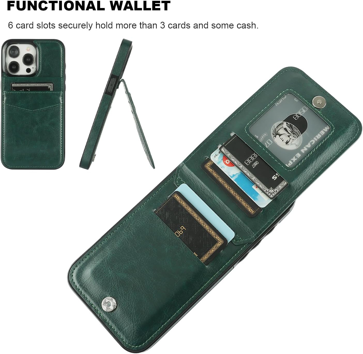 KIHUWEY Funda compatible con iPhone 15 Pro Max con soporte para tarjeta de crédito, cierre magnético de cuero de alta calidad, función atril, funda