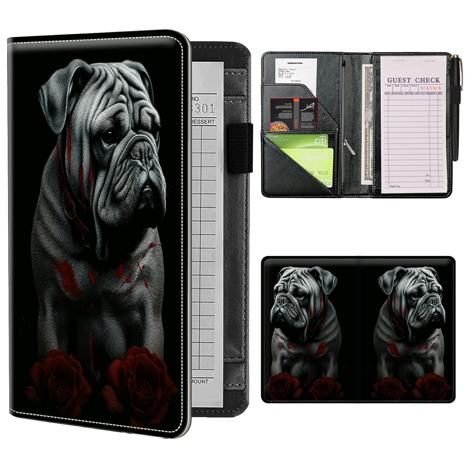 Libros para camarera con bolsillo con cremallera, almohadillas de cuero Bulldogs (5 x 8 pulgadas), organizador de meseros, presentadores de cheques