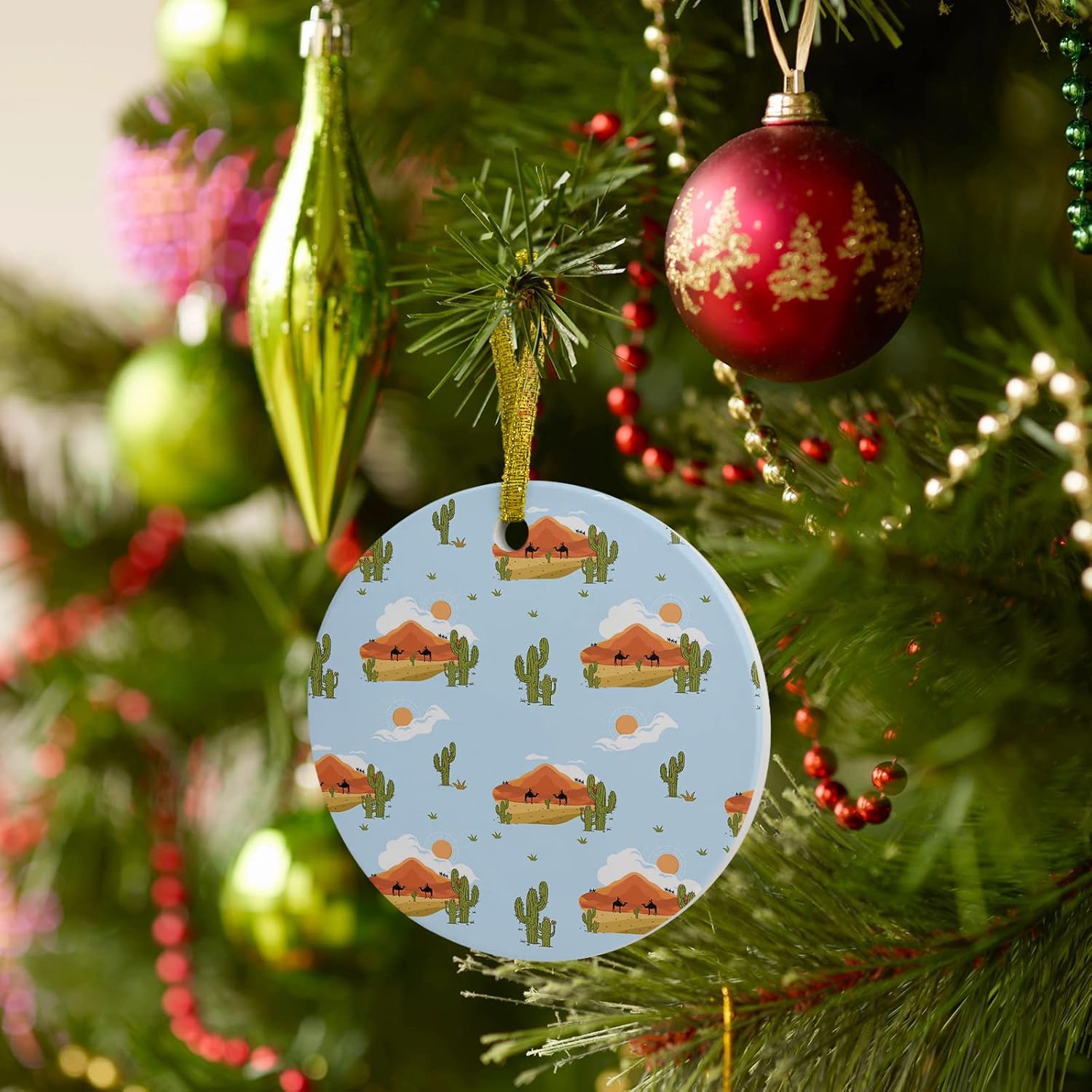Adorno de Navidad 2023, accesorios para colgar en el árbol de Navidad, cactus, desierto, camello, sol, nube, árbol de Navidad, adornos redondos de