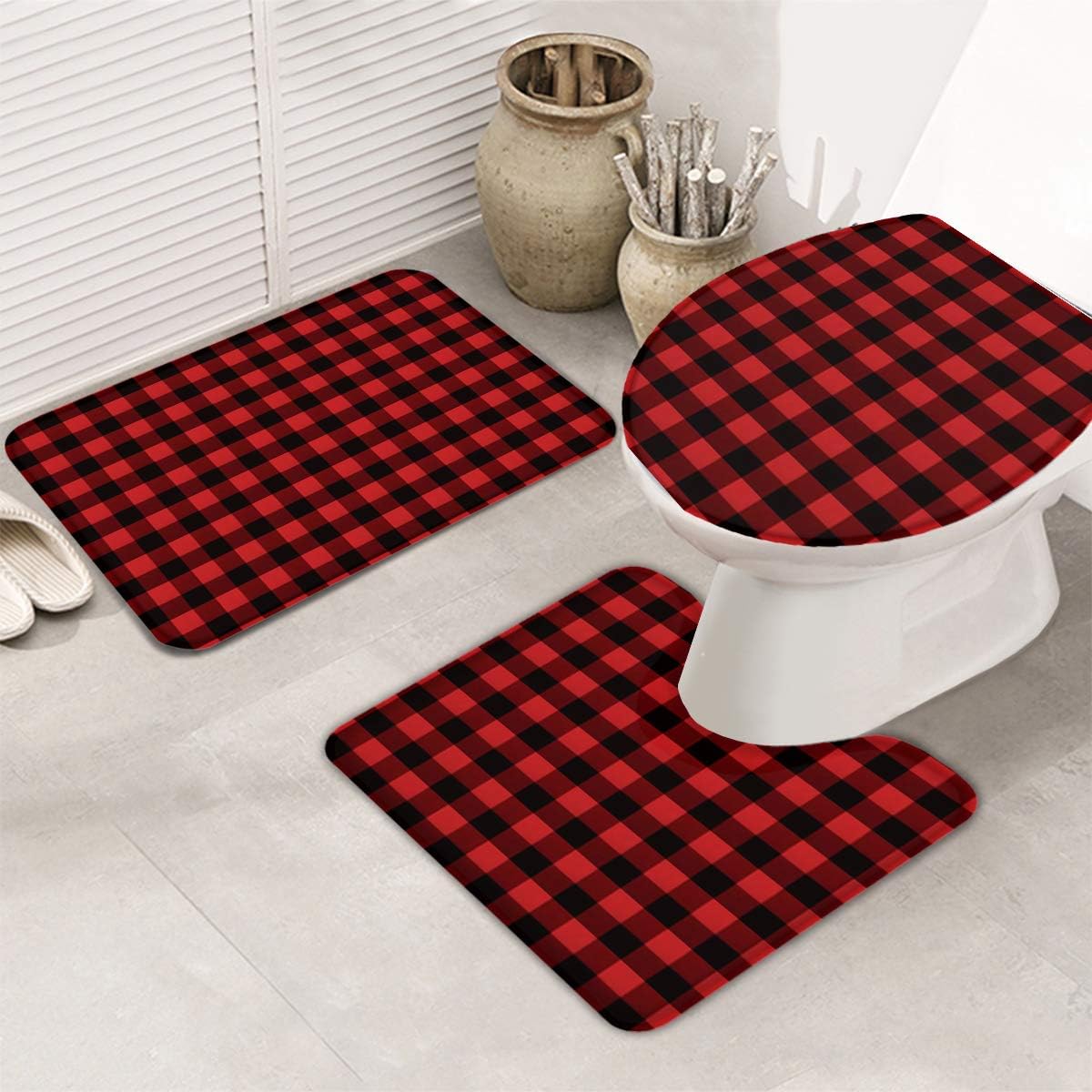 Juego de 3 alfombras y tapetes de baño de Navidad, antideslizantes, absorbentes de agua, funda para asiento de inodoro, tapete de inodoro en forma