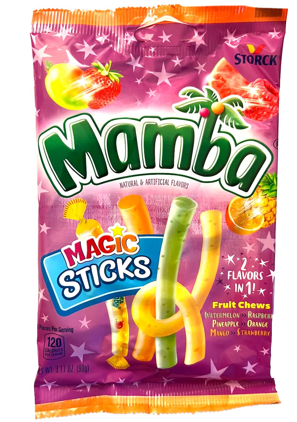Mamba, Palitos mágicos, masticables de frutas, dulces, 2 sabores en 1, sandía, frambuesa, naranja piña, fresa y mango