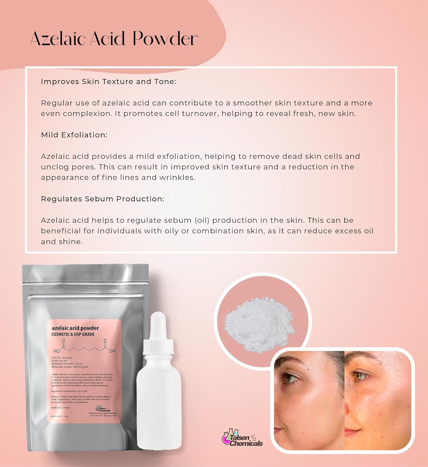 Polvo de ácido azelaico (4 onzas  3.99 oz) 99.9% ácido azelaico en polvo fino para hacer crema de ácido azelaico, gel y suero de ácido azelaico por