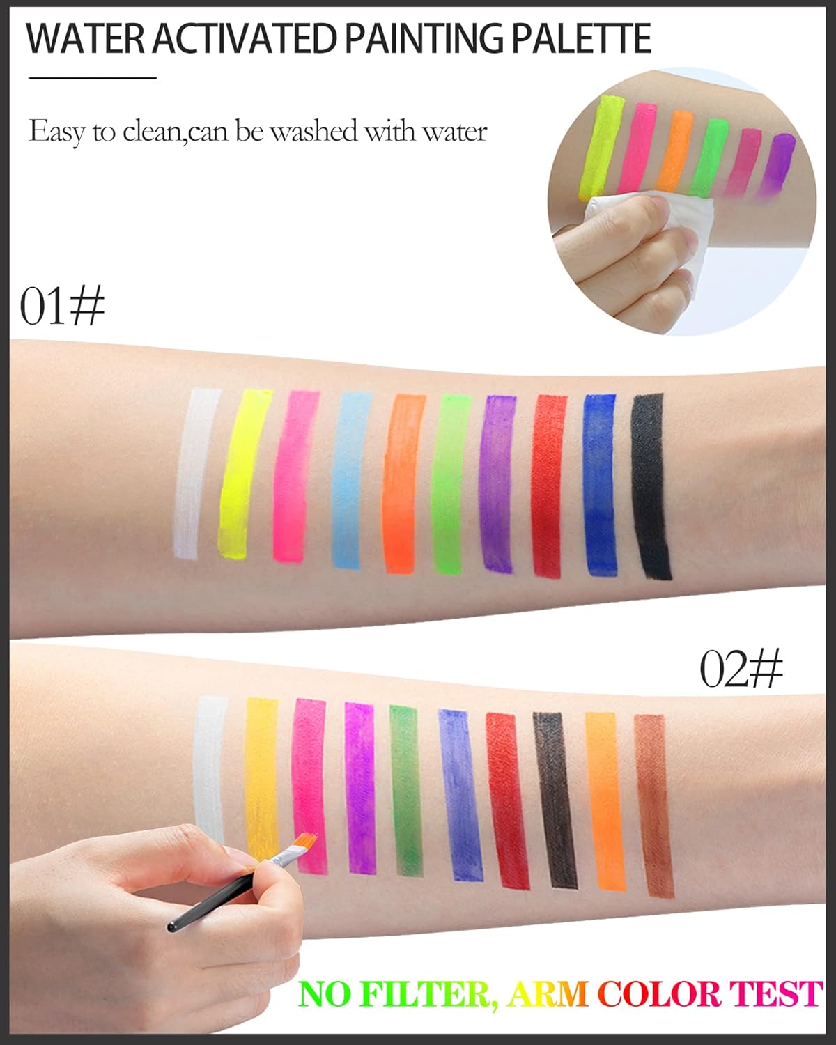Paleta de pintura activada por agua de neón de 10 colores, gráfico hidra de brillo UV de arcoíris mate, delineador de ojos neón luminoso de color,
