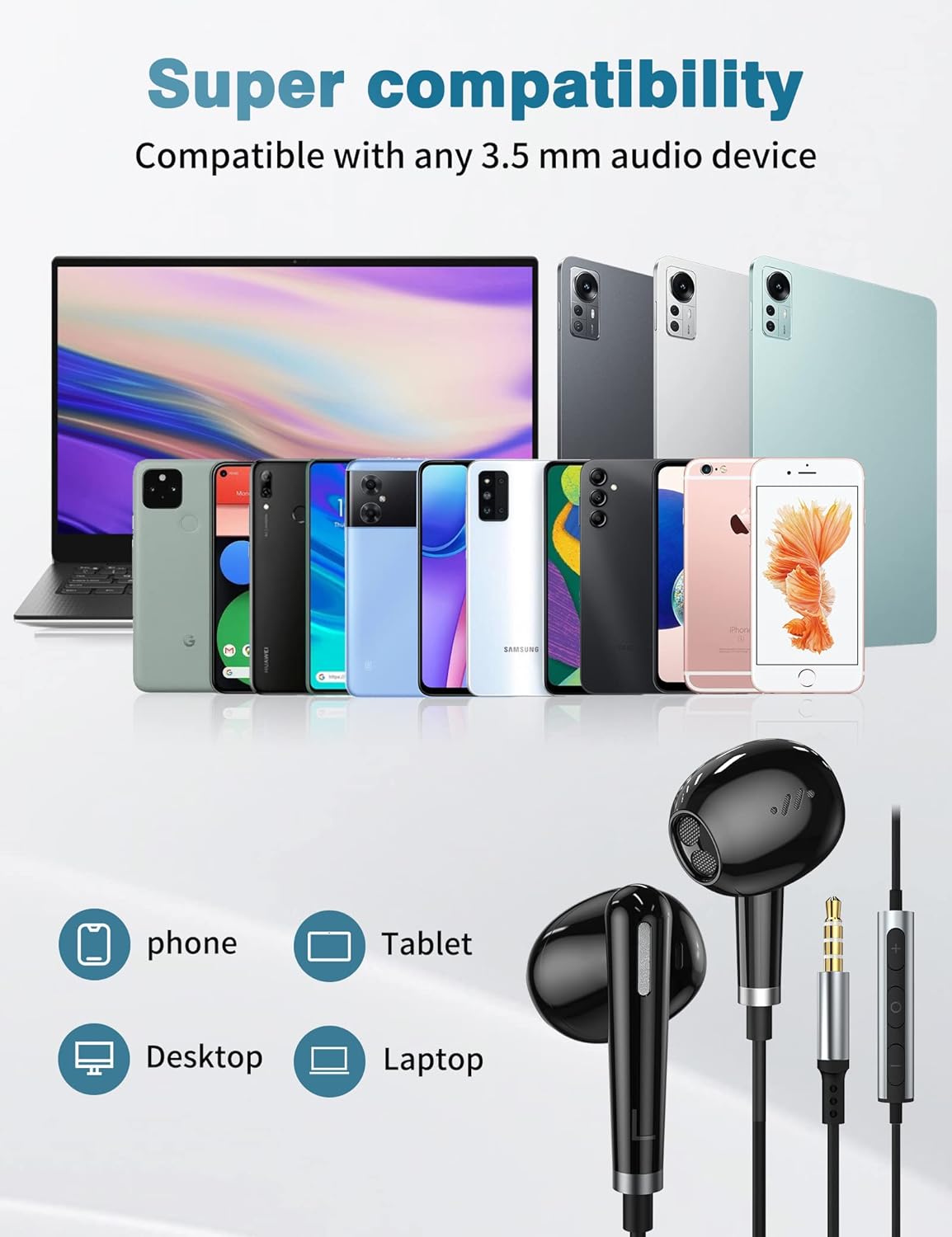 ACAGET Auriculares de 0.138 in con cable para Samsung Galaxy A23 A14 A52 A03s S10 S9, auriculares semiintrauditivos con cancelación de ruido de