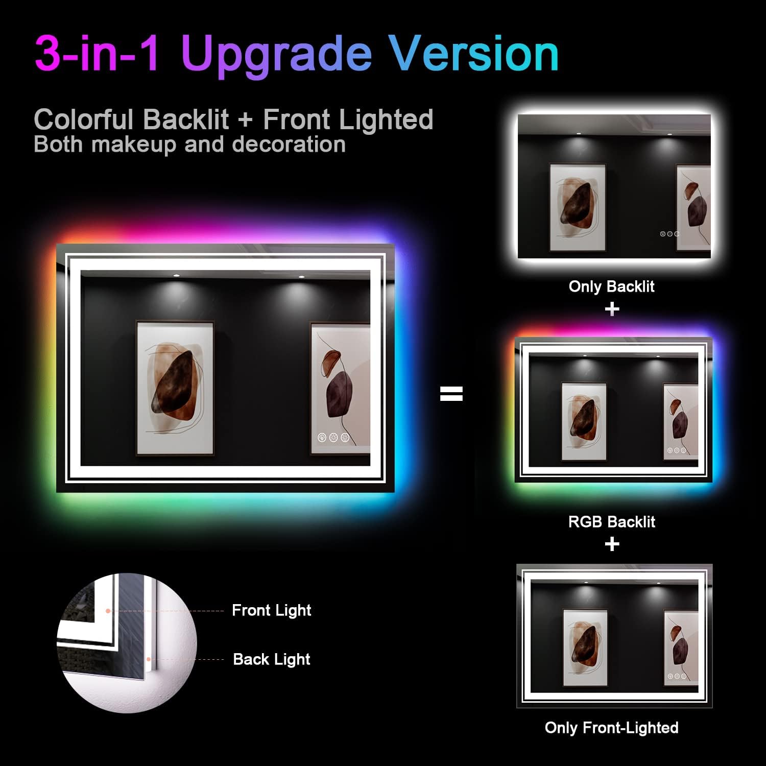 Snowdool Espejo de baño LED de 48 x 32 pulgadas con luces, espejo antivaho con retroiluminación RGB, espejo de tocador de baño con luz inteligente