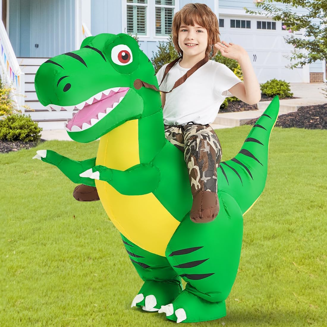 COMIN Disfraz inflable de dinosaurio para niños, disfraz de dinosaurio inflable de T-Rex, vestido divertido verde para fiesta de Halloween