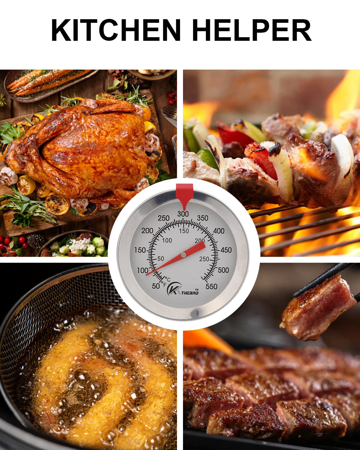 KT THERMO Termómetro de caramelofritura con lectura instantánea, termómetro de aceite (paquete de 2), termómetro de cocina de carne de acero