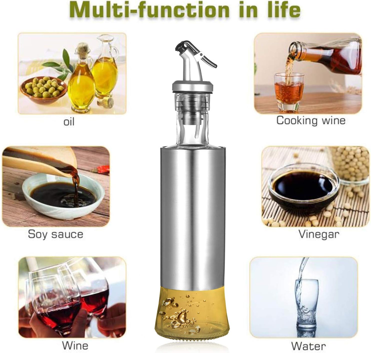 Dispensador de aceite de oliva y botella de acero inoxidable, rociador de vinagre y aceite con vertedor sin goteo boquilla para cocina, 10 onzas