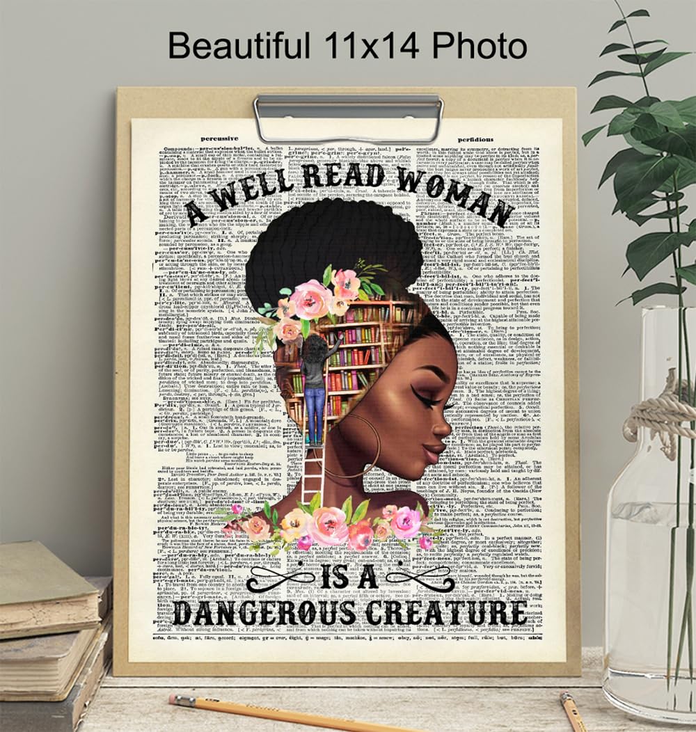 Empowered Black Women Poster LARGE 11×14 – Classroom Decor – Motivational Wall Art – Never Underestimate the Power of a Girl With a Book – African