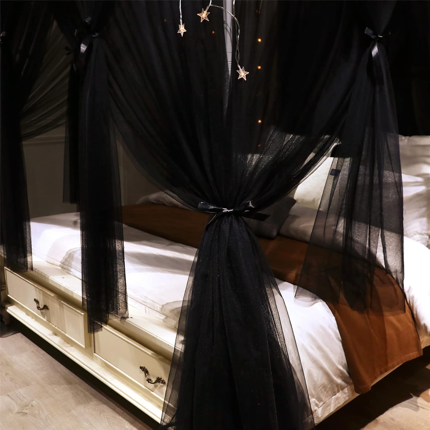 VETHIN 4 Corners Post Princess Bed Canopy Curtain Double Layer Cozy Drape Netting 4 Opening Mosquito Net for Girls & Adults Bedroom Decoration
