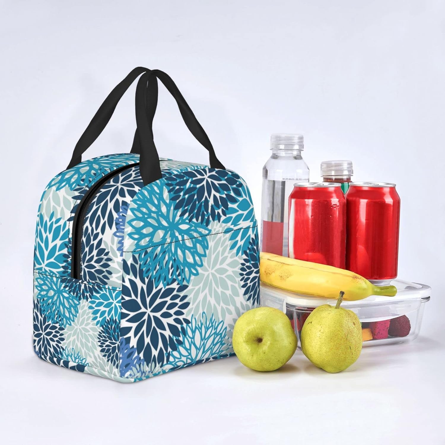 Bolsa de almuerzo con flores de crisantemo, color azul marino, compacta, reutilizable, contenedor para mujeres, hombres, escuela, oficina, trabajo,