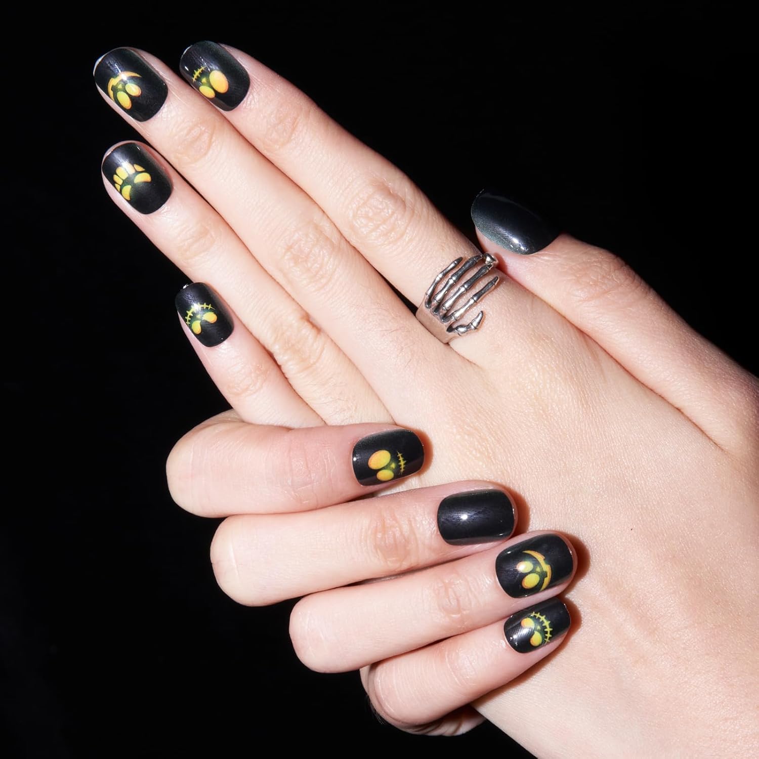 Uñas postizas a presión de Halloween, extra cortas, con pegamento de GLAMERMAID Gothic Black Jack o ‘Lantern, 24 unidades, redondas, reutilizables,