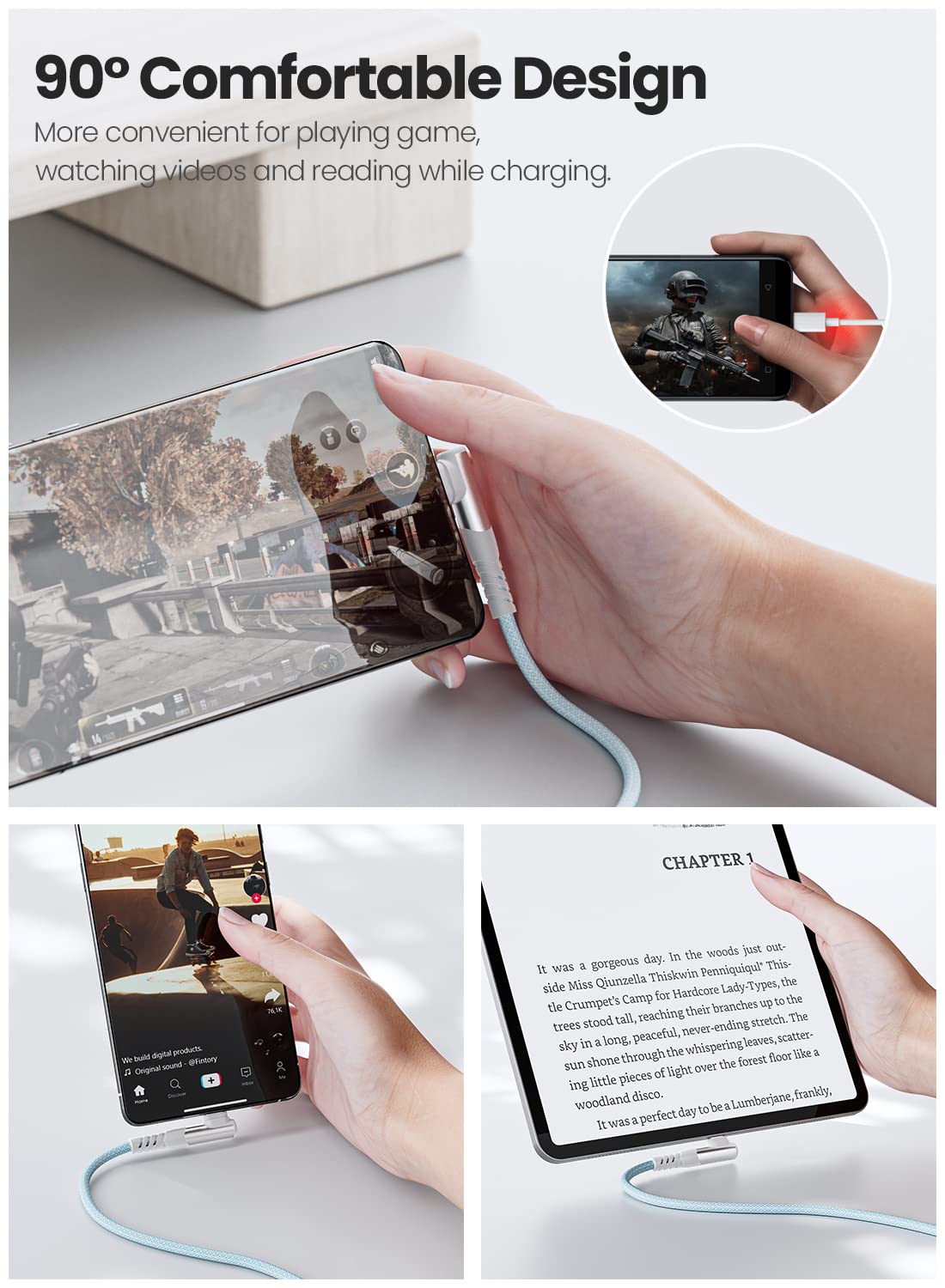 Fasgear Cable USB C a USB C de 100 W  1 paquete de 3 pies USB 2.0 tipo C a tipo C PD cable 5A de carga rápida en ángulo recto compatible con