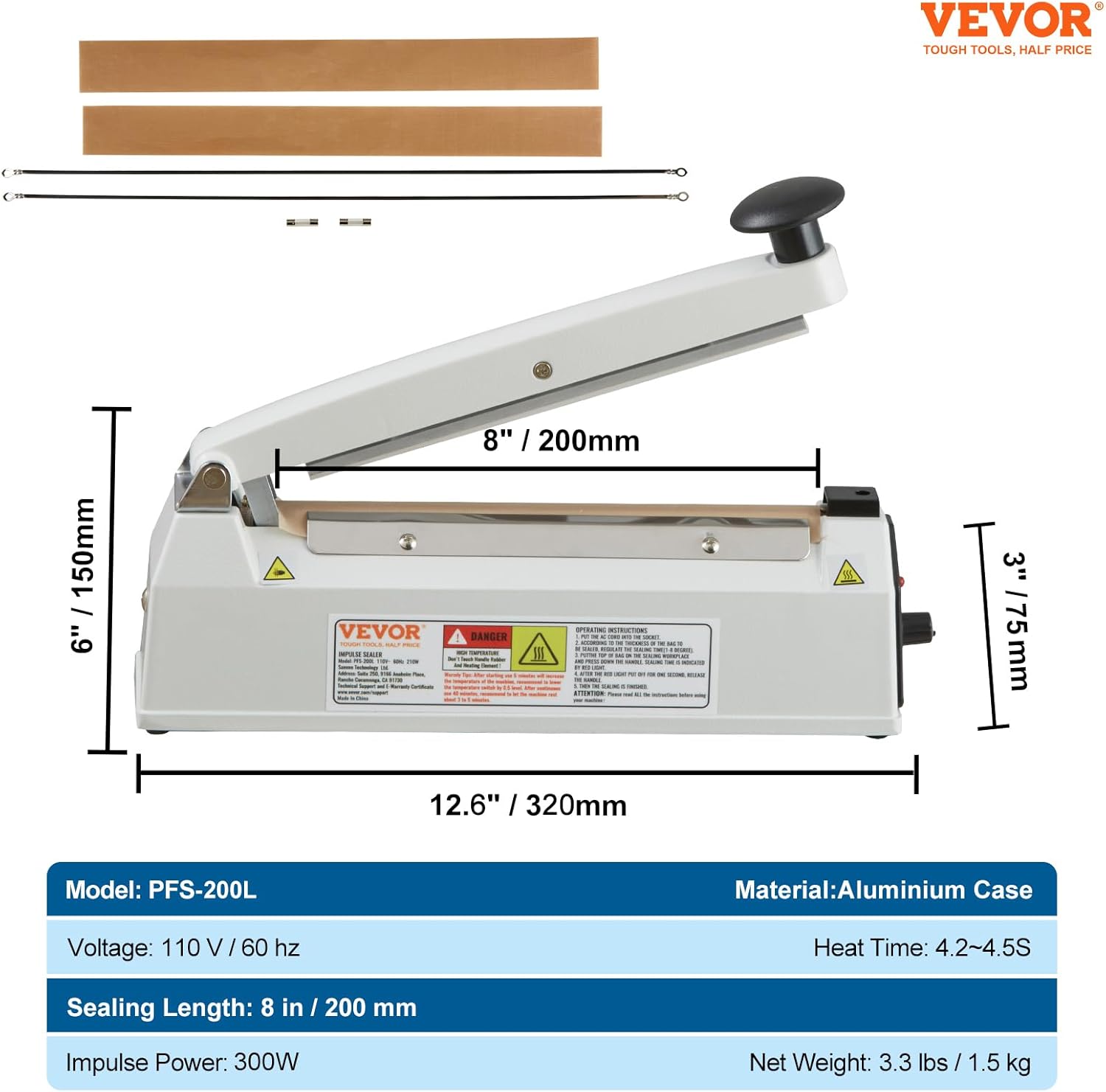 VEVOR Sellador de impulso de 8 pulgadas, máquina de sellado térmico manual con modo de calefacción ajustable, selladores de bolsas retráctiles de