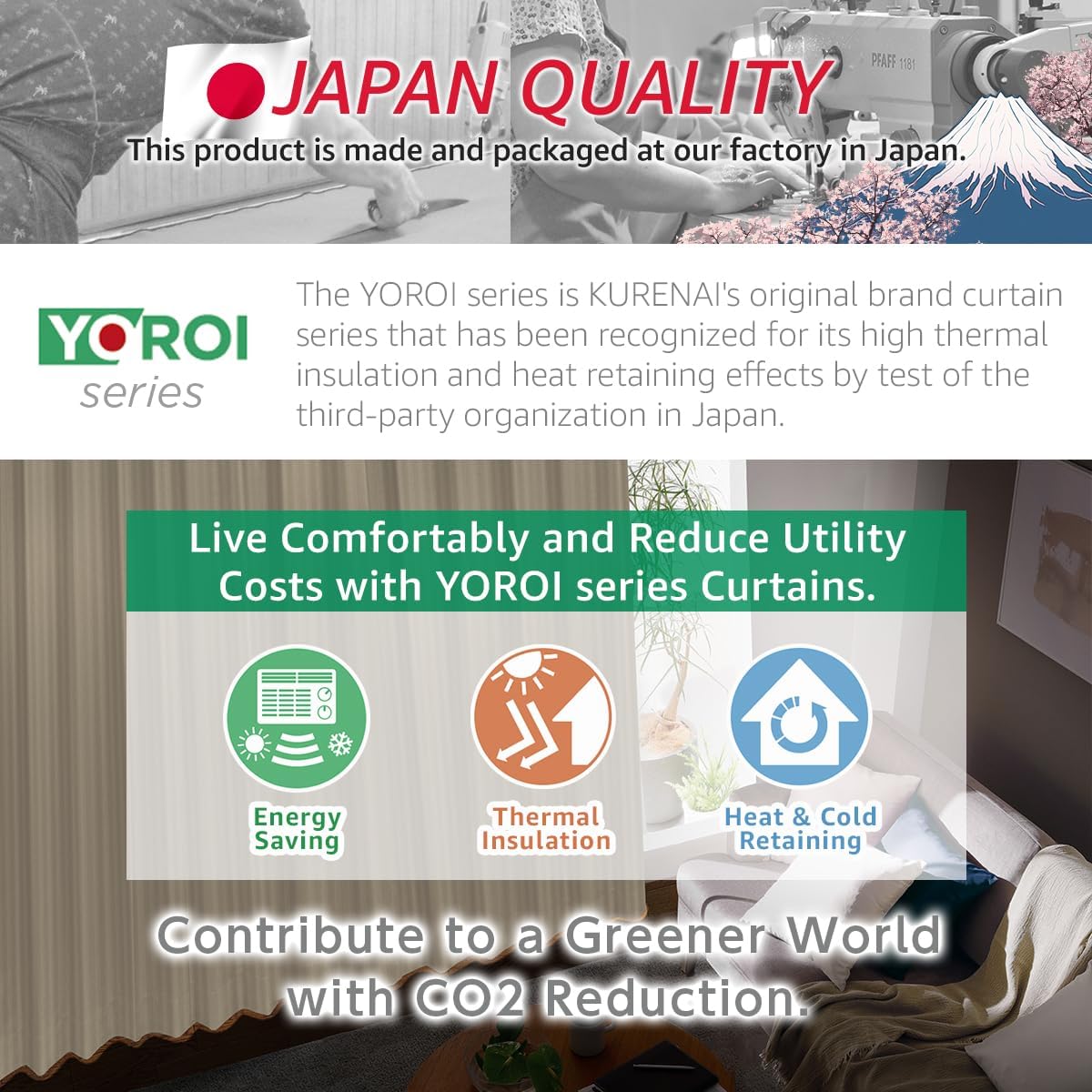 KURENAI YOROIseries Yubi – Cortinas 100% opacas hechas en Japón, con aislamiento térmico para dormitorio, espiga, 49.2 pulgadas de ancho x 108