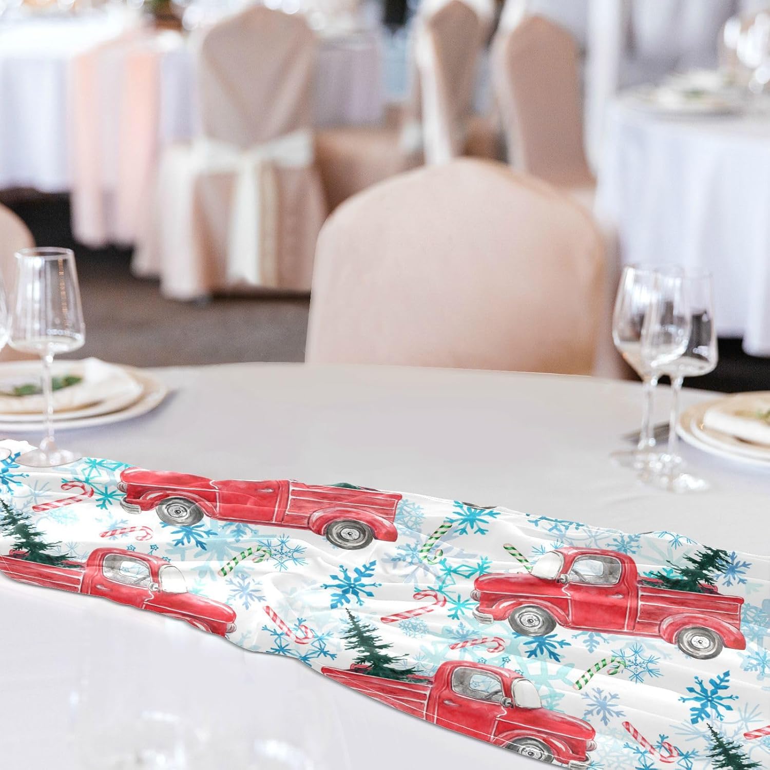 Christmas Tree Red Truck Table Runner Fall Kitchen Decor for Desk Decor Christmas Table Runner 108 Inches Long