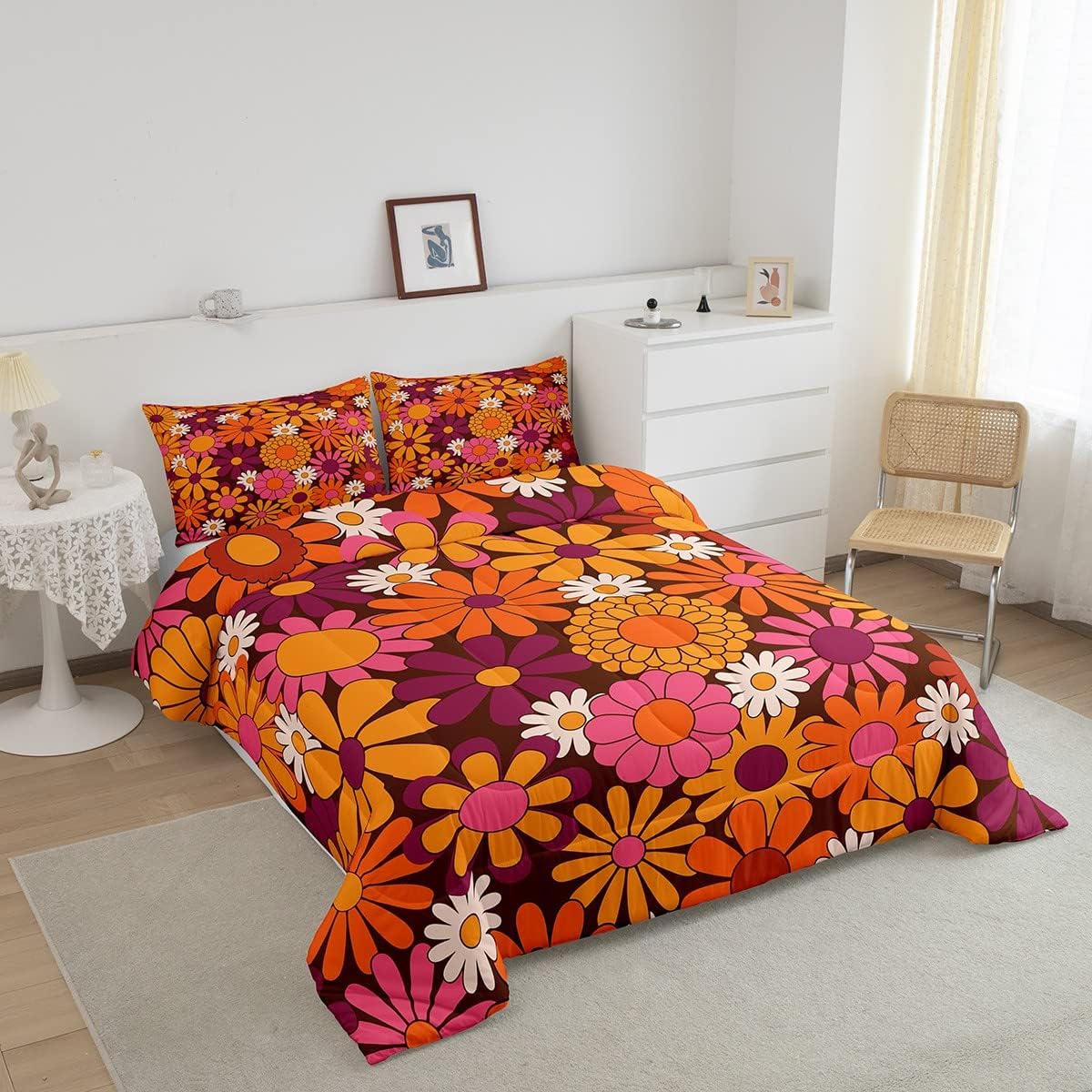 Erosebridal Groovy – Juego de edredón floral individual para niñas, ropa de cama y juegos de ropa de cama retro con diseño de margaritas, decoración