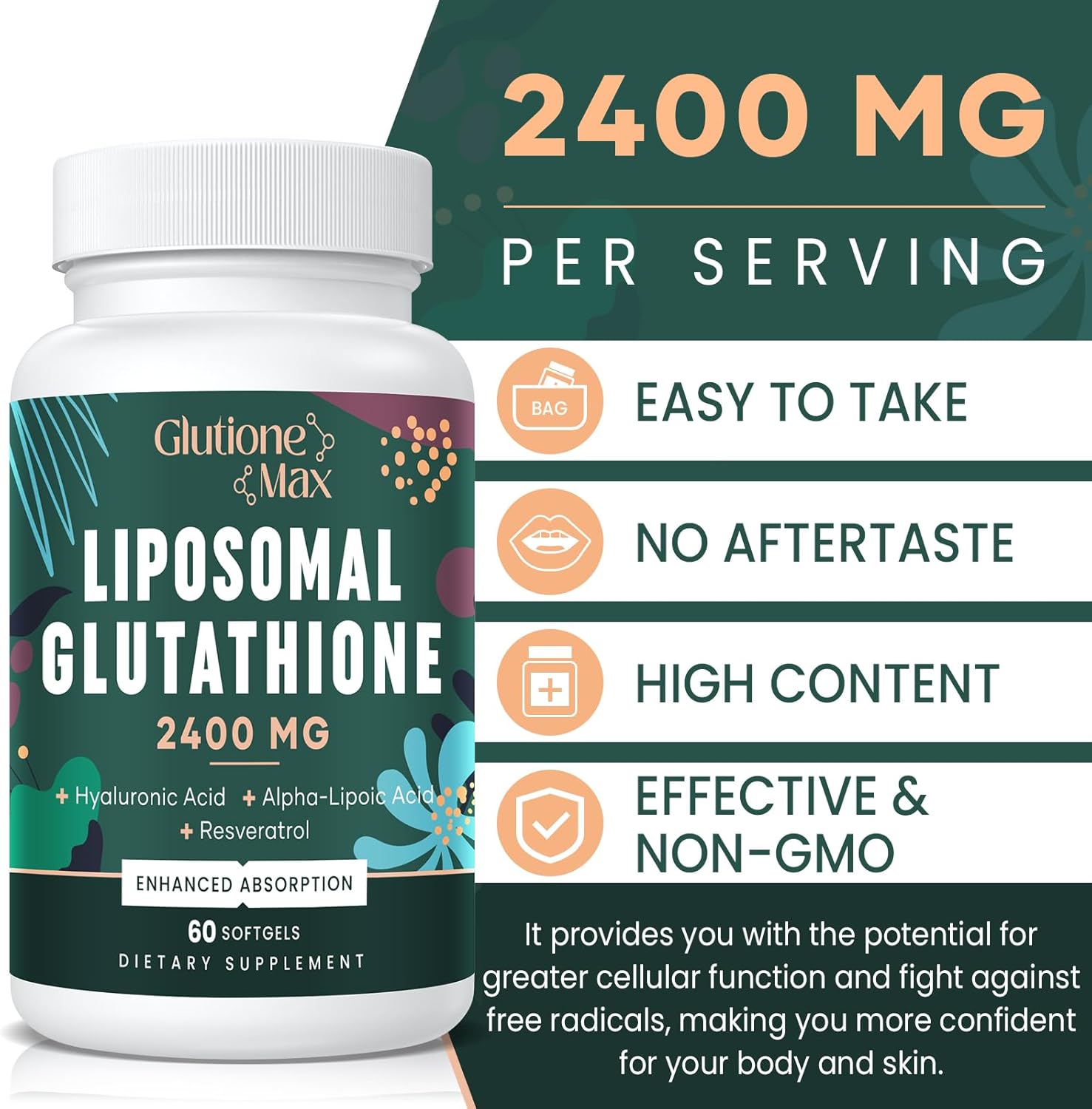 Glutatión liposomal de 2400 mg  Absorción máxima  Suplemento de glutatión con ácido hialurónico, resveratrol, L  glutatión reducido, antioxidante