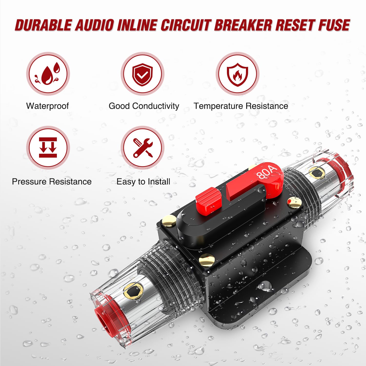 Nilight Disyuntor en línea 80A reiniciable 12-24V CC Soporte de fusibles de reinicio manual de 3-15 AWG protección de sobrecarga para sistema de