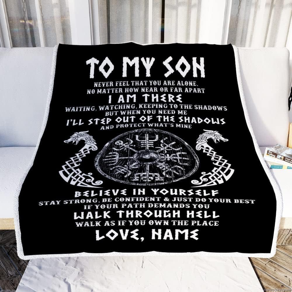 Manta personalizada con texto en inglés To My Son, Viking Never Feel You are Alone Odin, manta de vellón personalizada con texto en inglés Viking