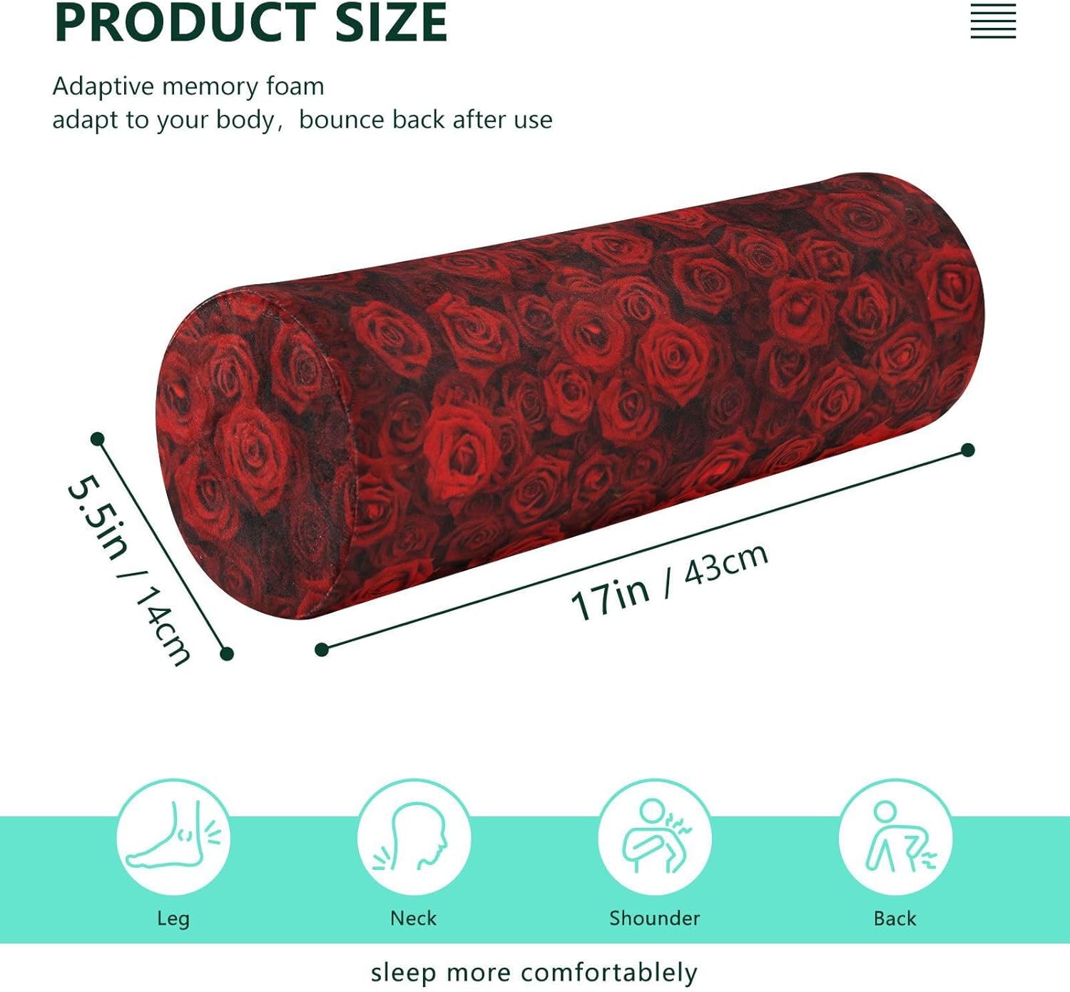 KLL Red Roses Bolster Pillow Cylinder Neck Roll Pillow Lumbar Round Pillow Cylinder Body Pillow Pillow Support for Legs