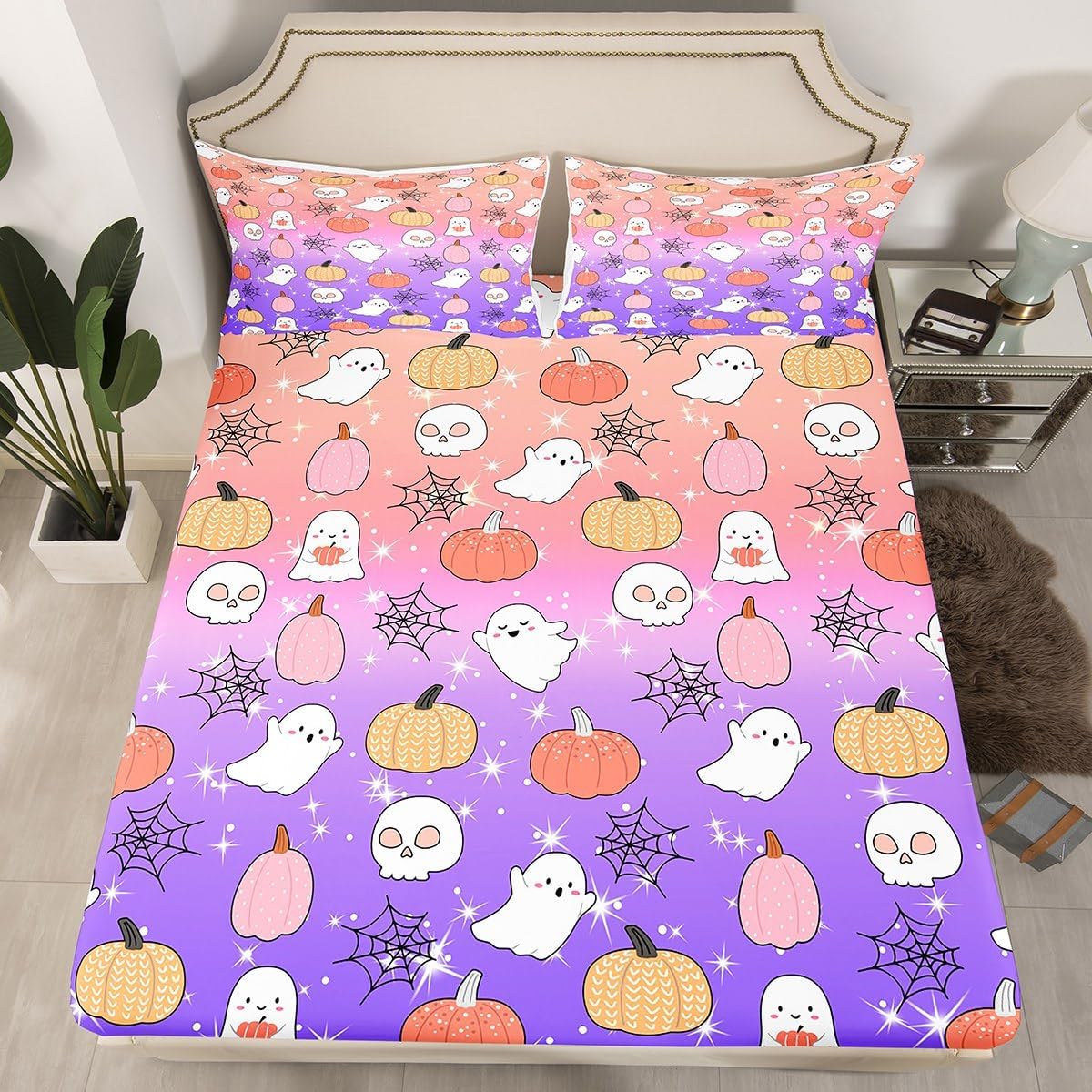 Bonita sábana bajera de fantasma, tamaño individual, para niños, para Halloween, para niñas, niños, caricatura, calabaza, farol, telaraña, calavera,