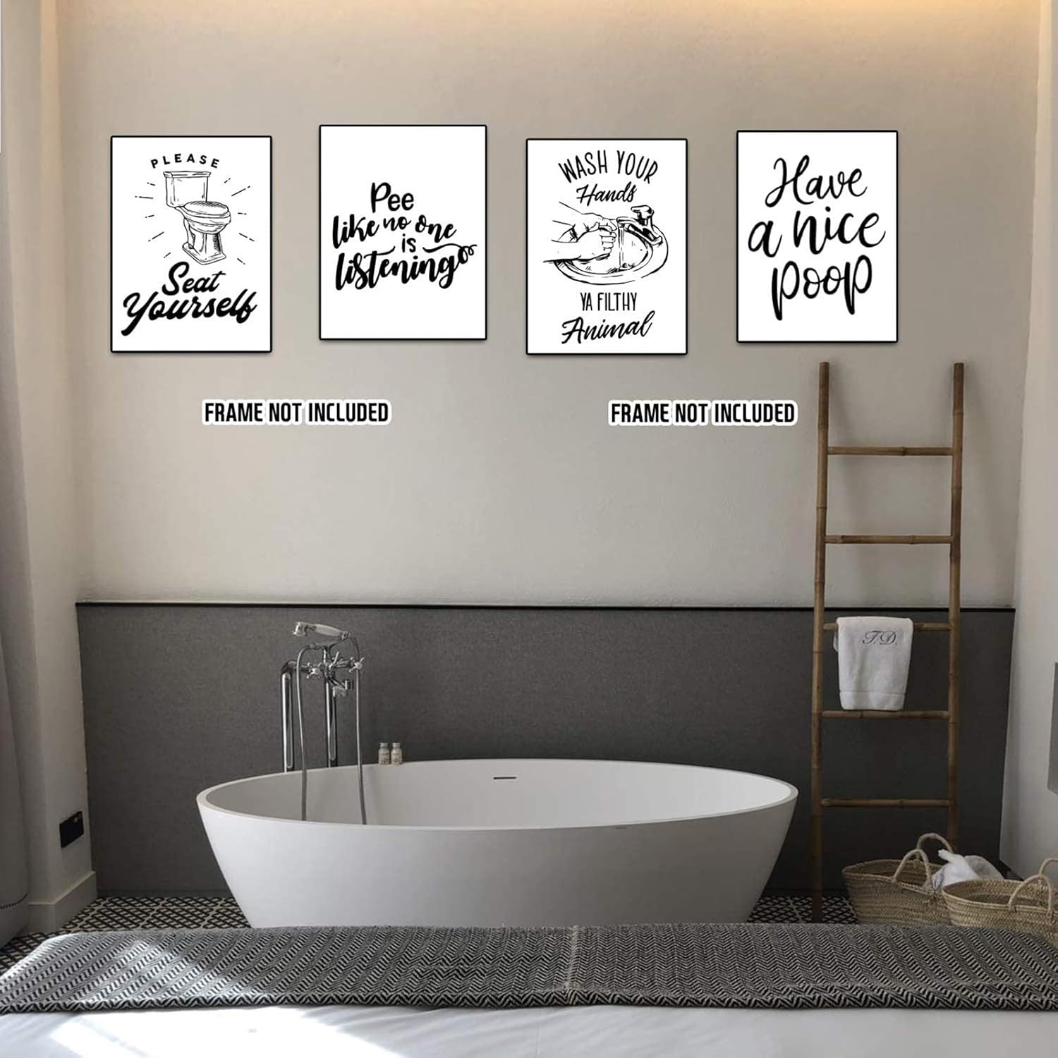Divertidos carteles de baño (juego de 4 sin marco, 8 x 10 pulgadas), impresiones de decoración de pared de tipografía de baño, blanco y negro sin