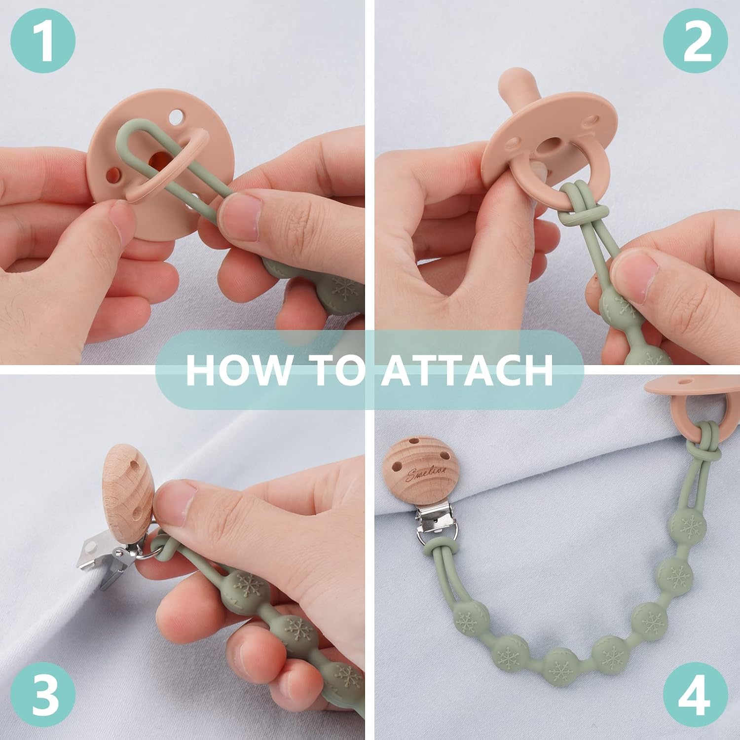 Clips para chupetes para bebés, niños y niñas, paquete de 2 clips para chupete, clips de una pieza, diseño de clips de madera, clip de chupete para