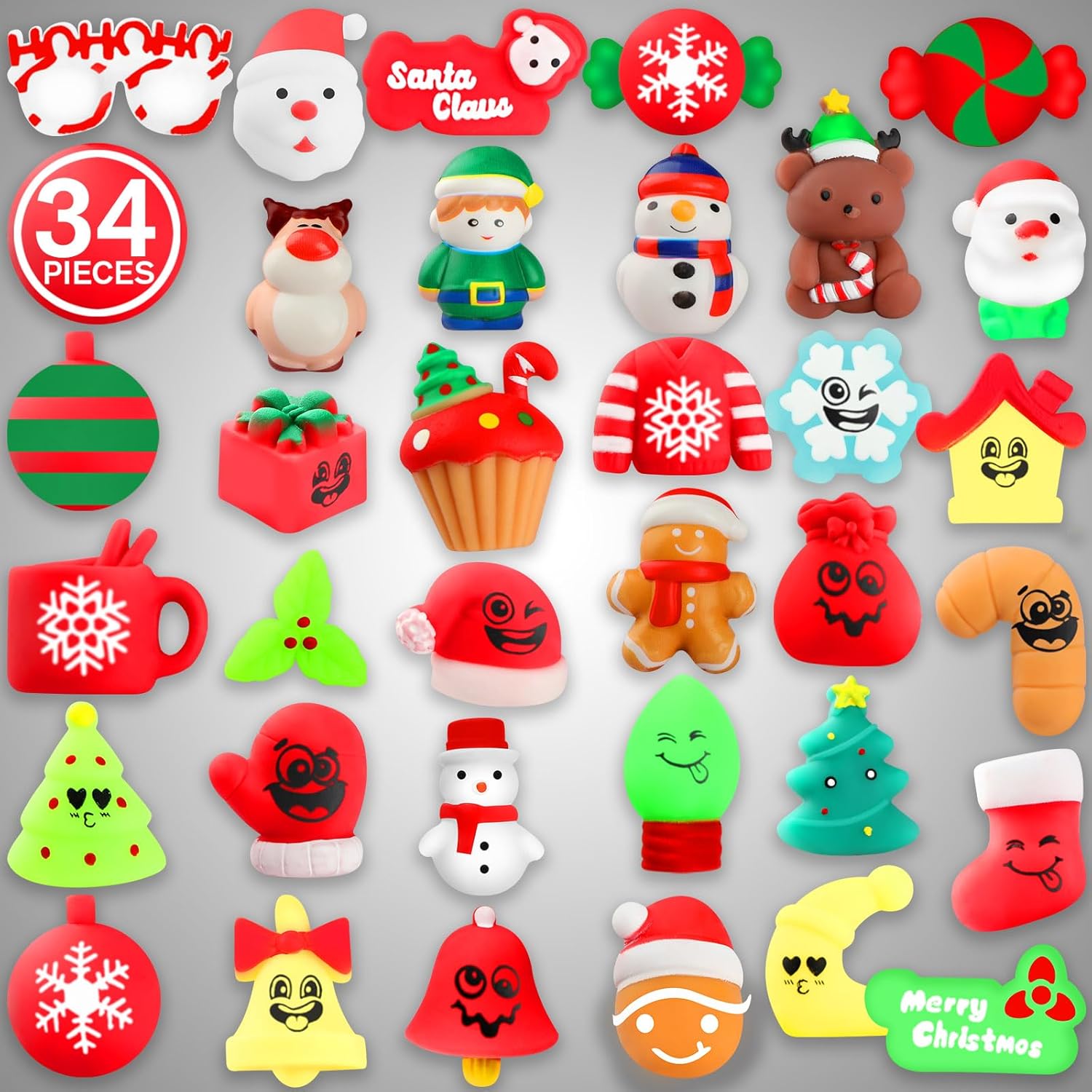 VNAMO Juguetes esponjosos de Navidad, 34 piezas de juguetes esponjosos, regalos de fiesta de Navidad para niños y niñas, Mochi Kawaii Squishy Alivio
