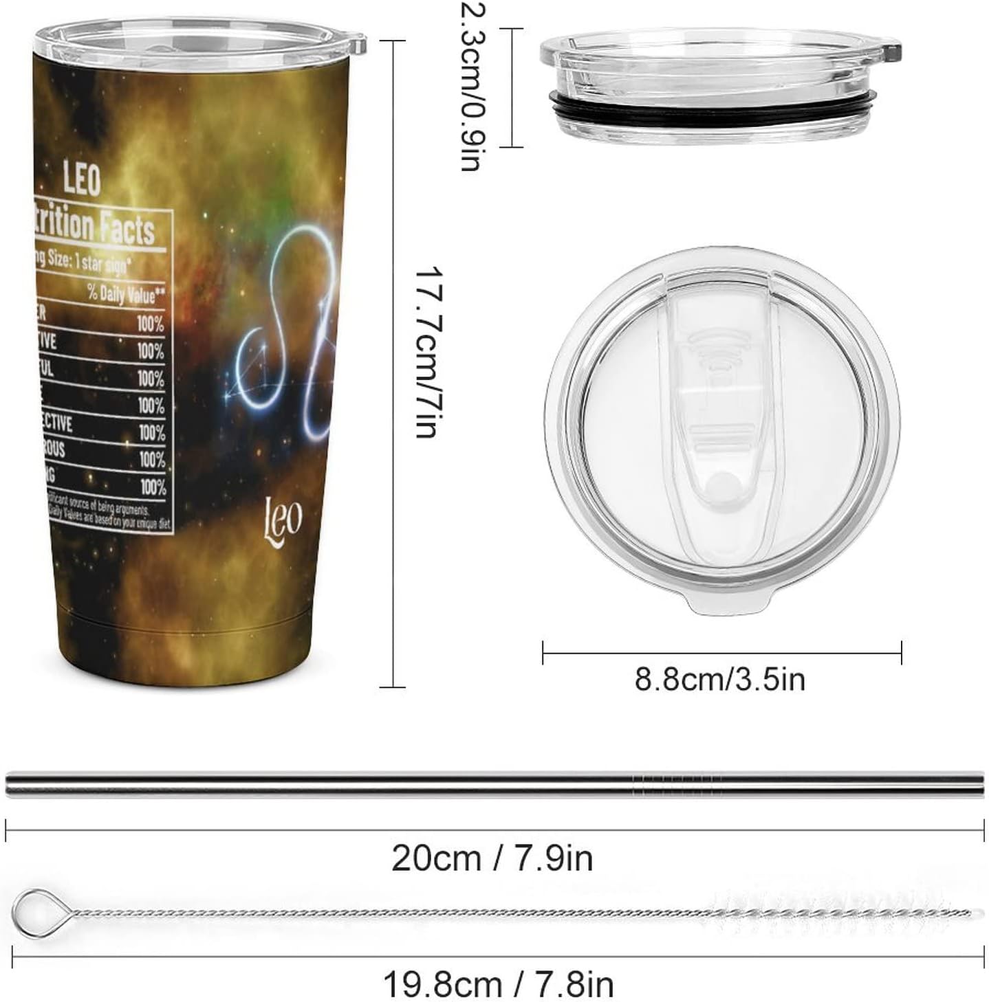Leo – Vaso de 20 onzas con popote y tapa, doble pared aislada al vacío, vaso impreso del zodiaco, taza de café, vino, agua, té, regalo para mujeres,