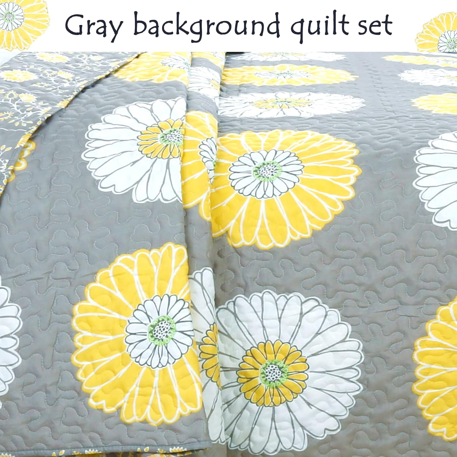 Cozy Line Home Fashions Juego de ropa de cama reversible reversible con diseño floral de margaritas, blanco, gris, amarillo, blanco, gris, colcha
