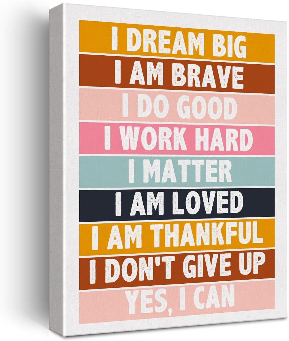 Lienzo decorativo para pared con texto en inglés “Affirmation Kids Affirmation”, póster enmarcado con texto en inglés “Positive I Dream Big” para
