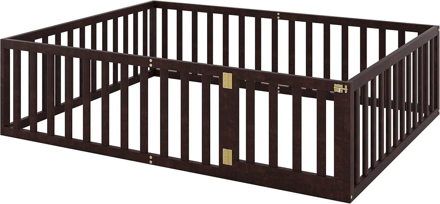 Cama de suelo tamaño Queen para niños, cama Montessori con barandillas en forma de valla y puerta, cama de piso de madera, cama tamaño Queen para