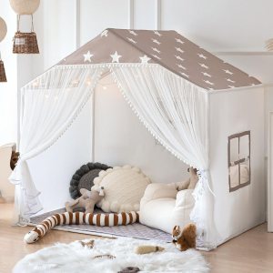 Tienda de campaña para niños con alfombra, tienda de campaña grande con cortinas de puerta de pompones, casa de juegos para niños para niñas y Tienda de campaña para niños con alfombra, tienda de campaña grande con cortinas de puerta de pompones, casa de juegos para niños para niñas y