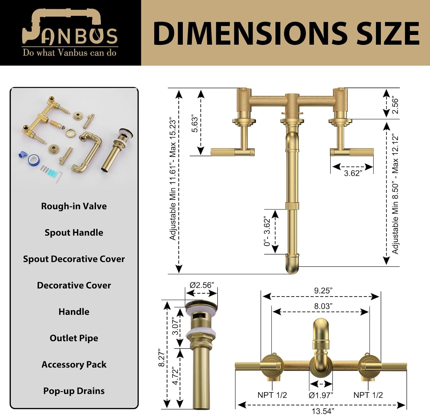 Grifo de lavabo de baño montado en la pared, extensible y giratorio, grifo de pared dorado de 3 agujeros para granja, cámper, lavandería, UTV Rv,