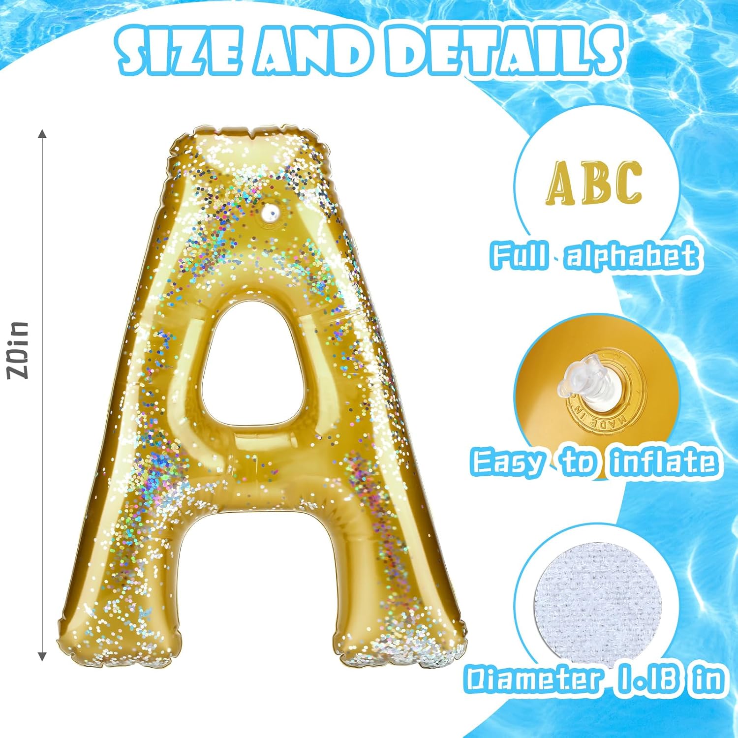 Flotador inflable de piscina de una sola letra, decoración de fiesta de piscina, letras flotantes de confeti para piscina, alfabeto dorado, balsas