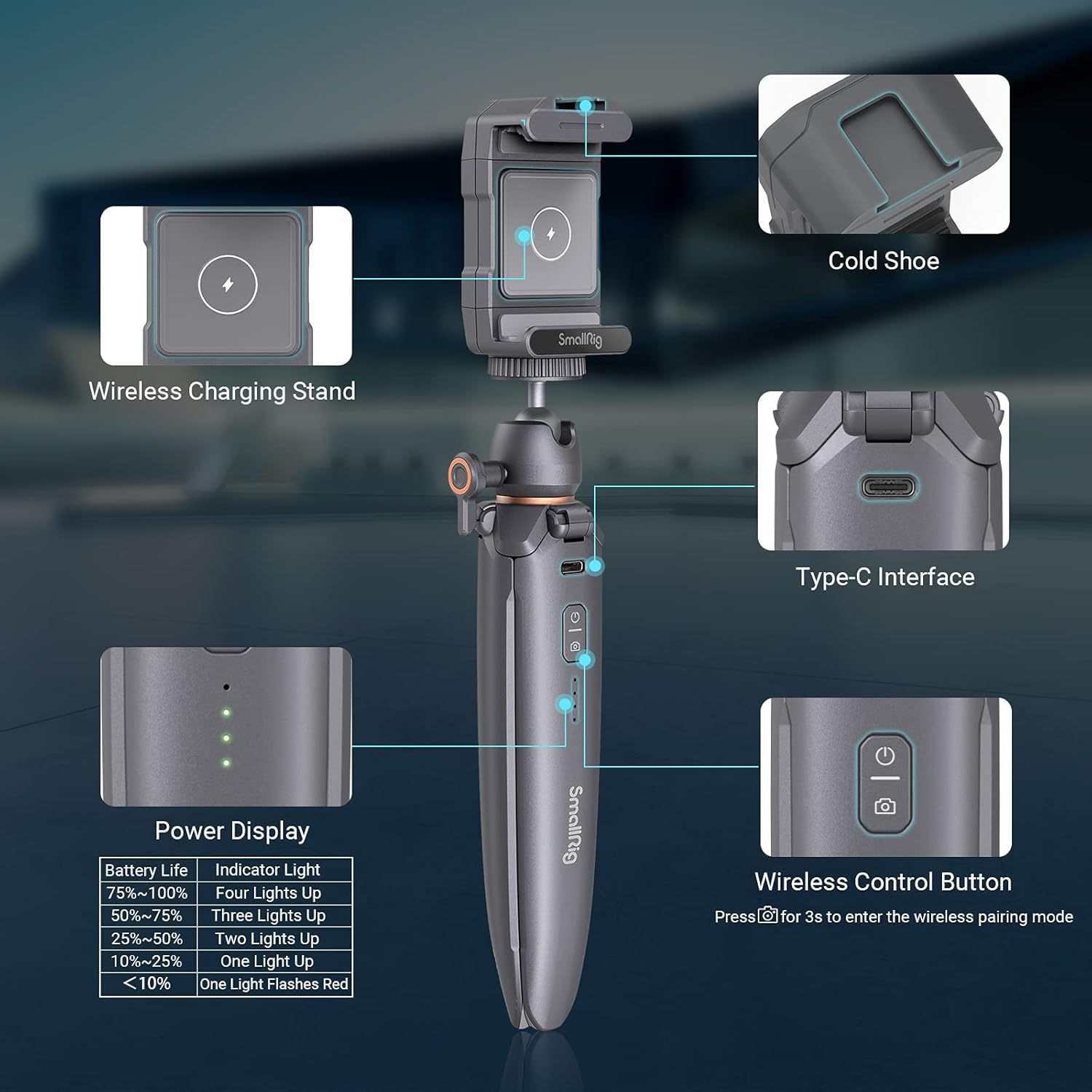 SmallRig Mini trípode de escritorio para teléfono con carga inalámbrica y soporte para teléfono inteligente, zapata fría, mini trípode de mesa de