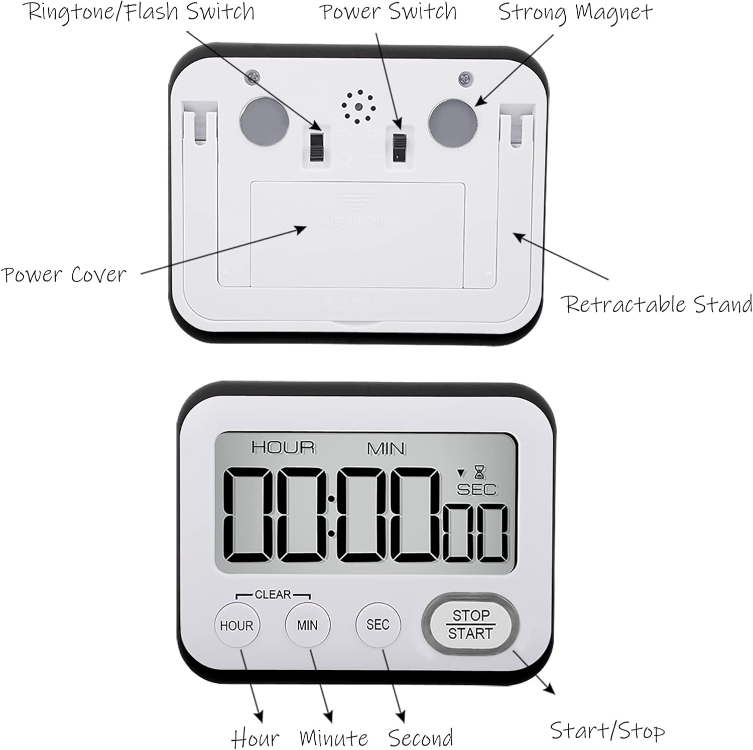 Temporizador digital de cocina, alarma magnética fuerte, pantalla LCD grande silenciosapitido multifunción para profesores, aula, niños, color negro