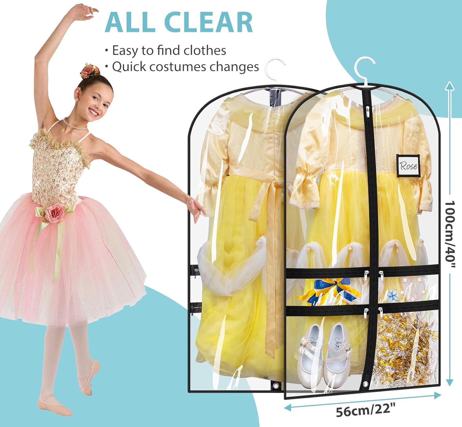 SLEEPING LAMB Paquete de 6 bolsas transparentes para ropa de baile para bailarines con 4 bolsillos, bolsa de ropa de baile de 40 pulgadas para niños
