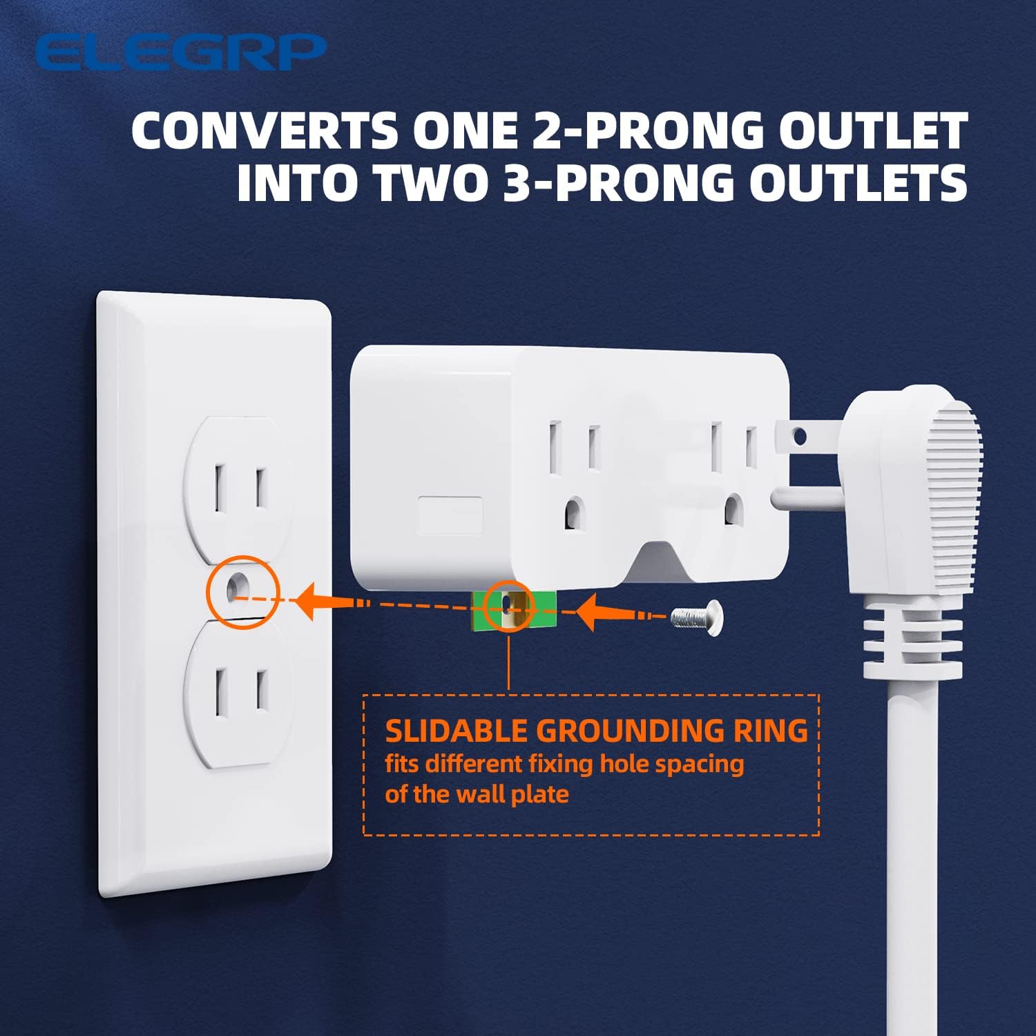 ELEGRP Extensor de toma de corriente, divisor de enchufes múltiples, extensor de pared, 2 a 3 puntas, conexión a tierra, 125 V, certificación ETL,