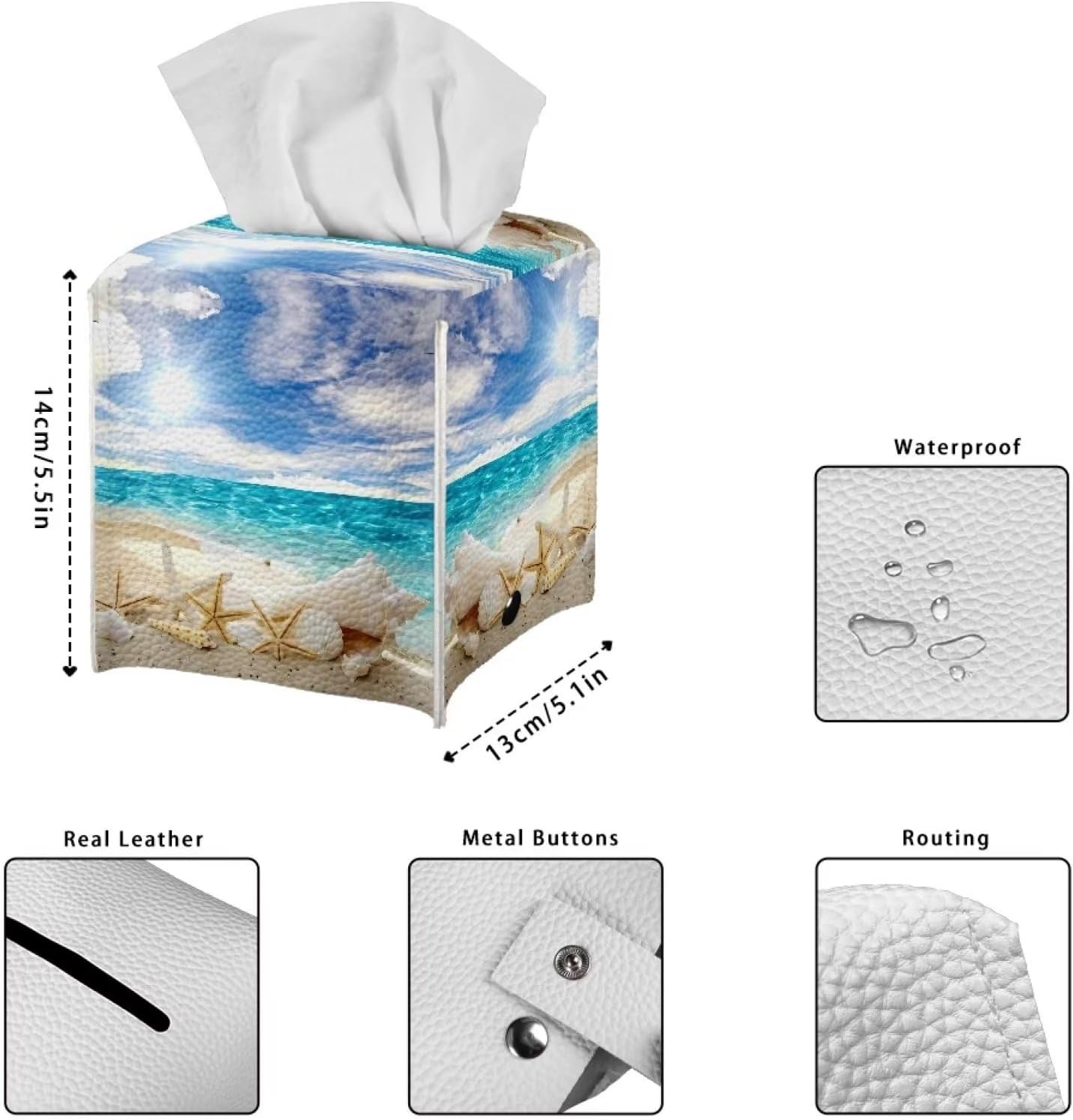 Funda para caja de pañuelos con temática de playa, diseño de conchas y estrellas de mar, soporte cuadrado para caja de pañuelos de piel sintética,
